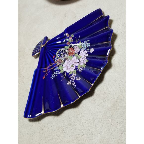 Asian Fan Blue Cobalt Candy Dish Gold Trim 10" Cherry Blossom Ceramic - Picture 7 of 8